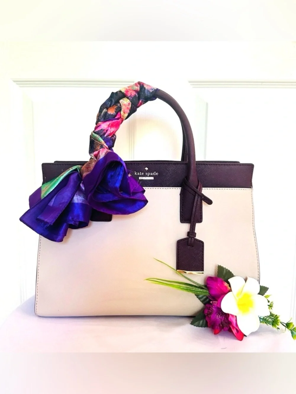 KATE SPADE ~ Two-Tone Cream, Dark Purple, and Lavender Satchel w/Colorful Scarf